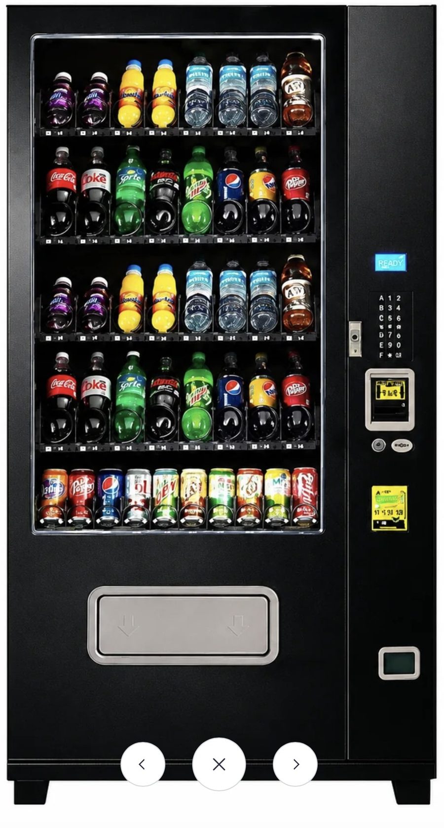 Cold drink vending machine stocked with sodas, water, and sports drinks